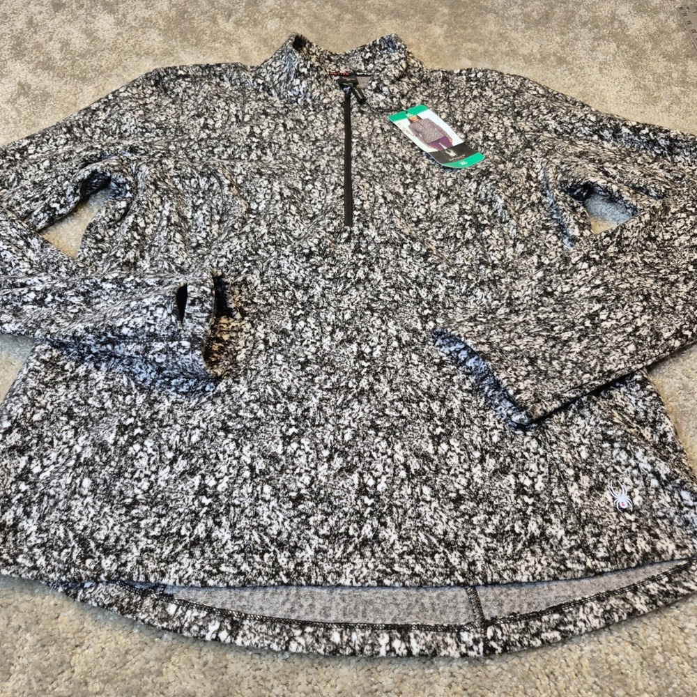 Spyder Active Womens XL Quarter Zip Pullover Black White Speckled Thumbholes NEW